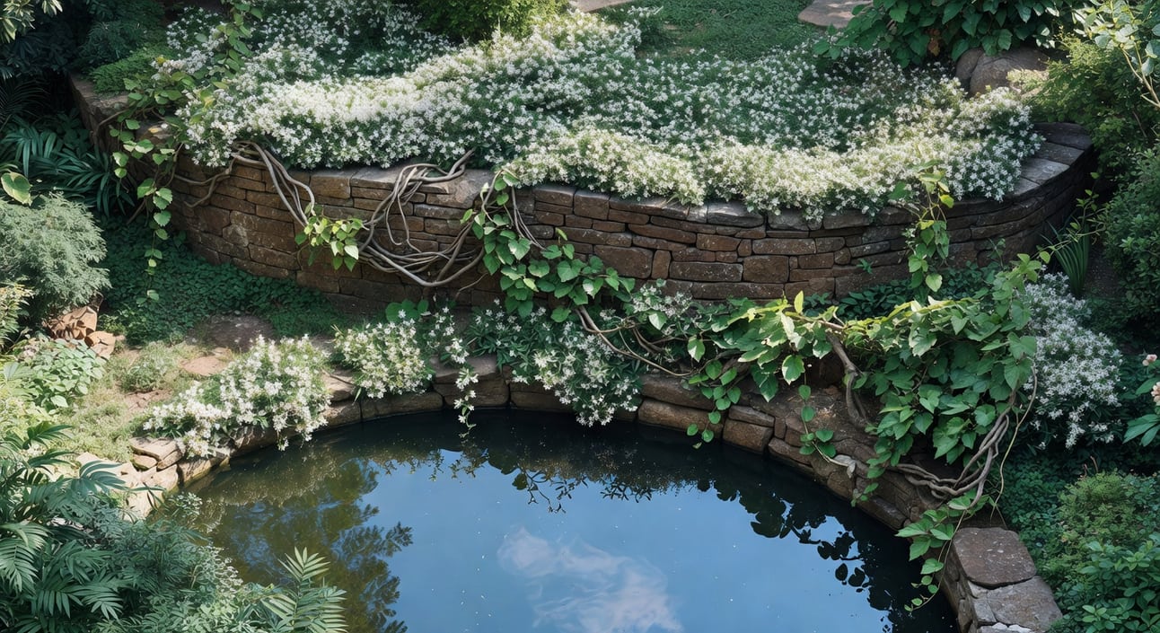 俯視層疊式花園，棕色石牆分隔上下露台，茉莉葡萄藤蔓延，池塘映照藍天光影清晰