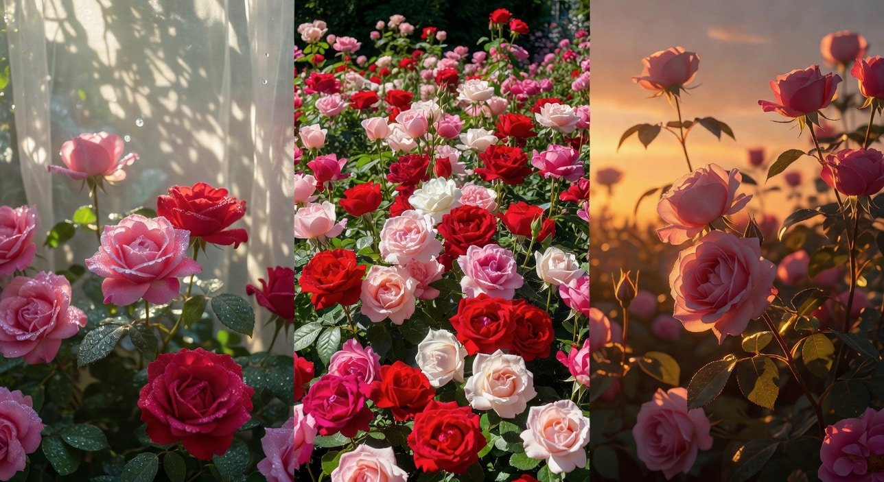 晨光下月季花瓣露珠閃耀、午間繁花簇擁、黃昏金色邊框的光影變化圖