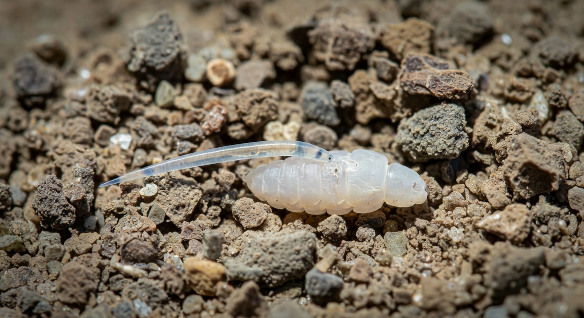 顯微鏡下細長半透明線蟲鑽入白色象鼻蟲幼蟲，背景放大土壤顆粒，科學插圖風格。