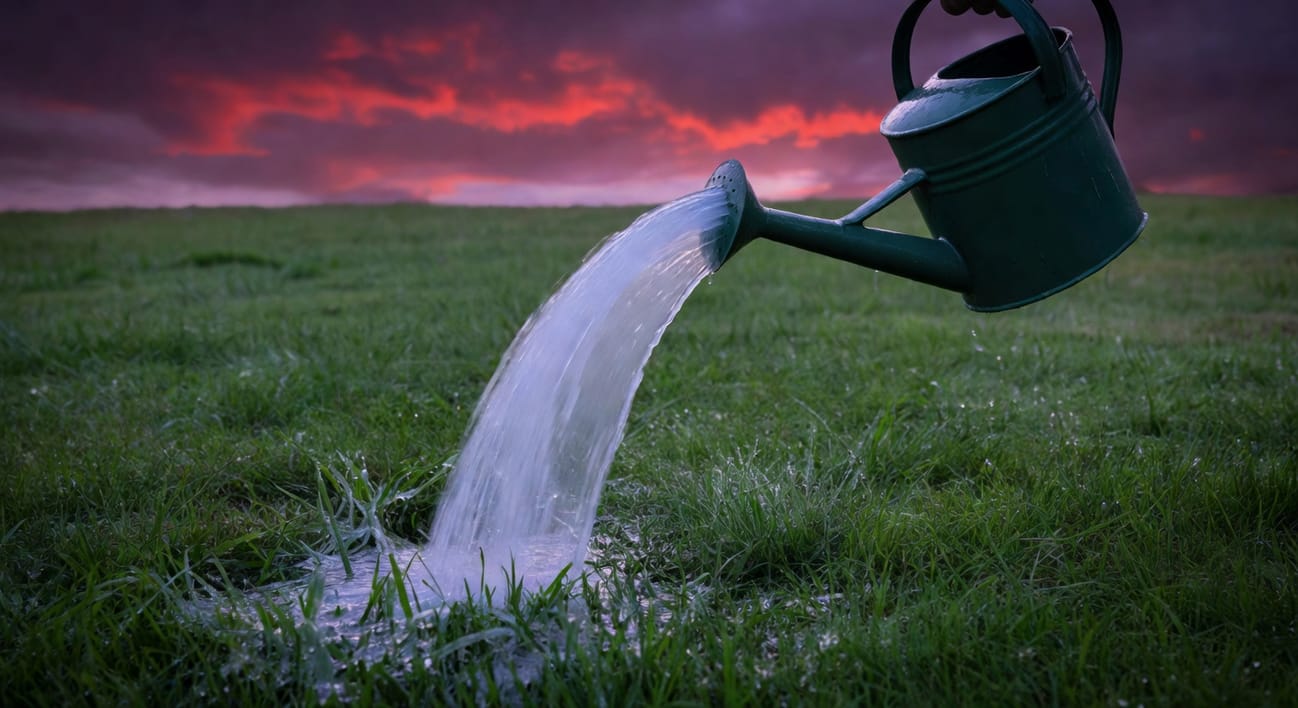 黃昏園丁手持綠色澆水壺澆灌乳白色線蟲液於草坪，天空紫紅晚霞，草坪濕潤反光。