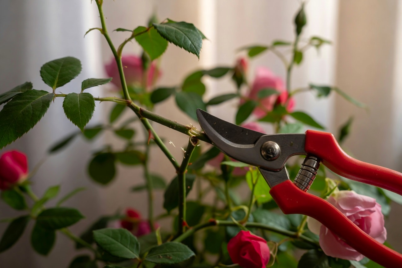 手持Felco繞式修枝剪剪斷1公分玫瑰枝條，背景模糊玫瑰叢自然光特寫。