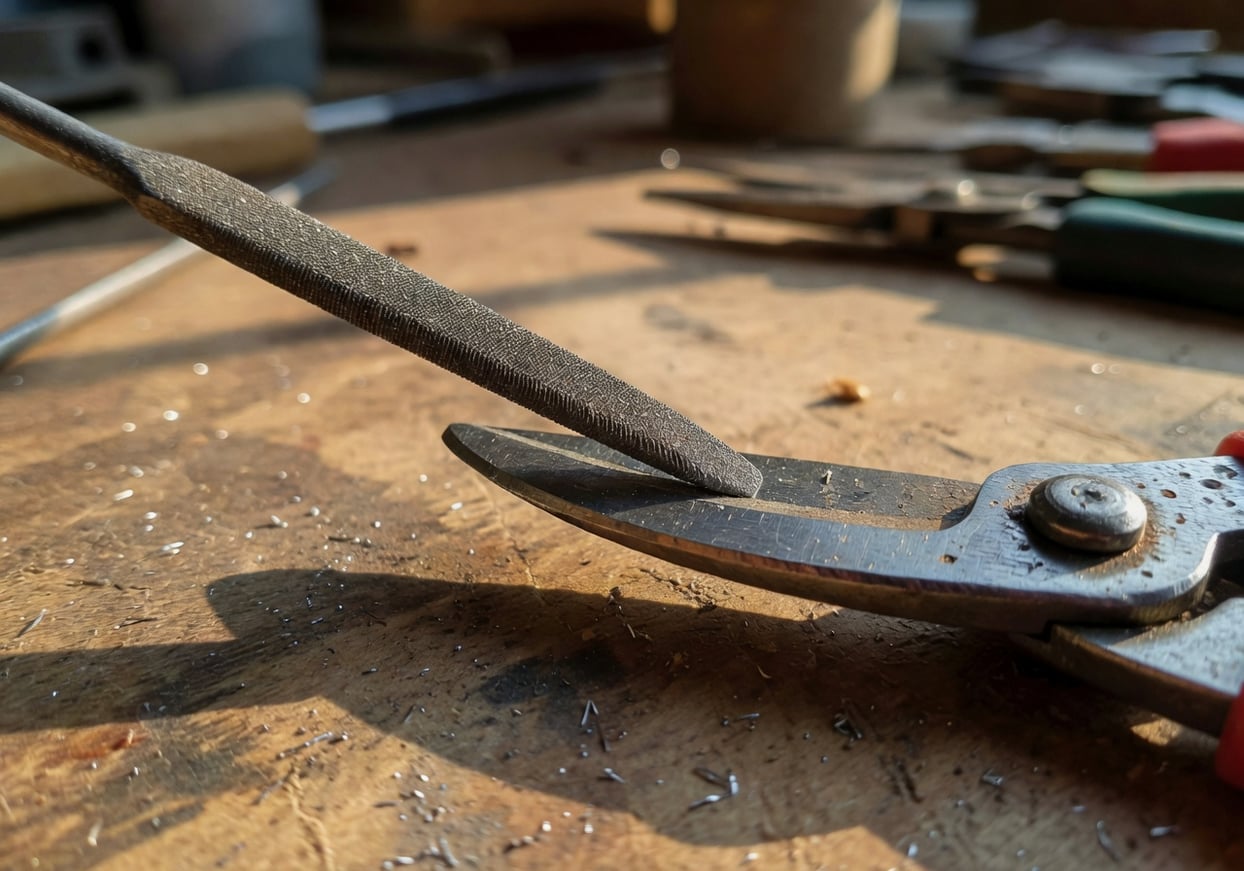 手持金剛砂銼刀打磨修枝剪刃斜面，工作台背景自然光側照顯示角度。