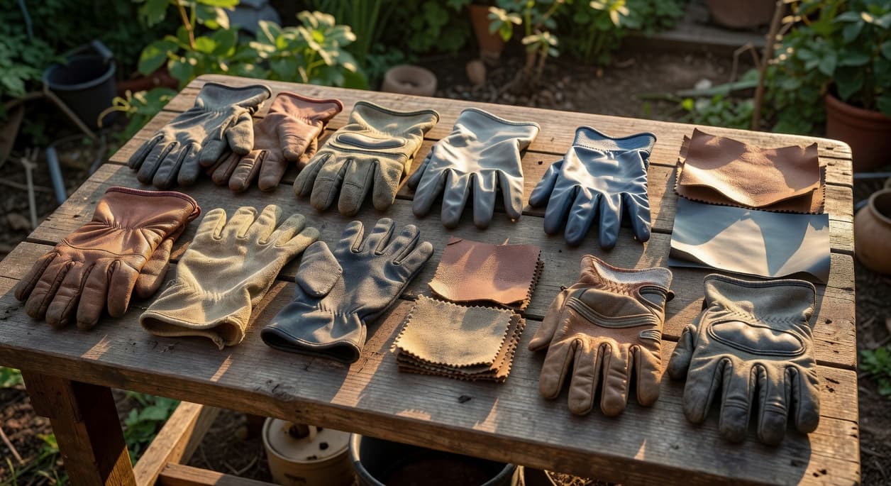 選購園藝手套指南圖,強調材質選擇對防護和耐用性的影響。