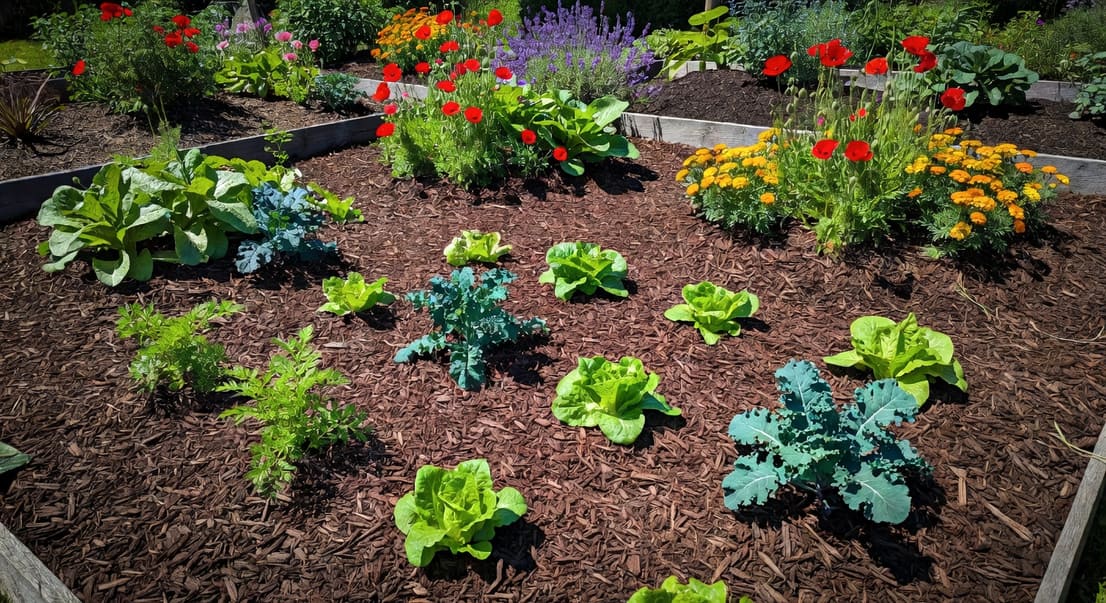 菜園花床周邊鋪設深褐色木屑覆蓋物,帶來涼爽整潔的外觀,保護土壤環境。