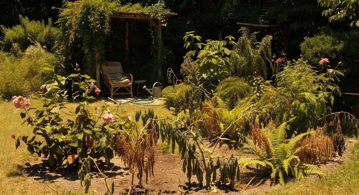 盛夏庭園植物在烈陽下蔫萎,園主遮蔭處休息,清晨或傍晚澆水維持生長。