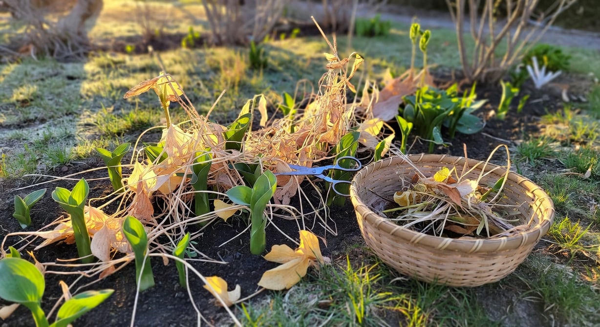 園藝人跪地清除花卉枯葉，旁竹籃裝乾草，初春清晨光線