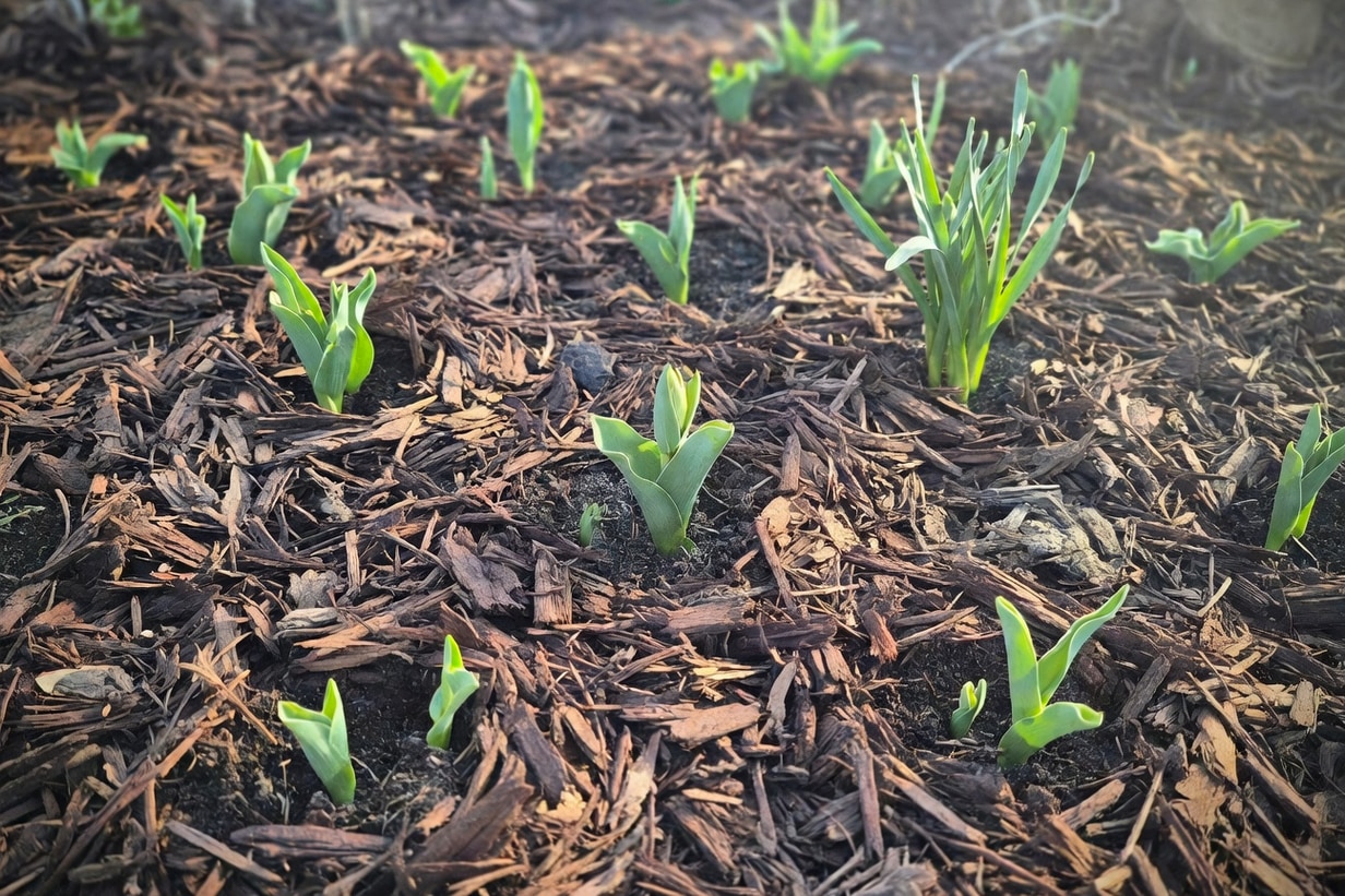 花圃鋪樹皮覆蓋物，鬱金香水仙新芽探出，基部留空圈