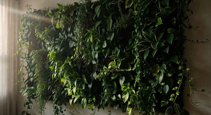 垂直空間的藤蔓綠牆，象徵自然詩篇，融合建築與植物的和諧美學。