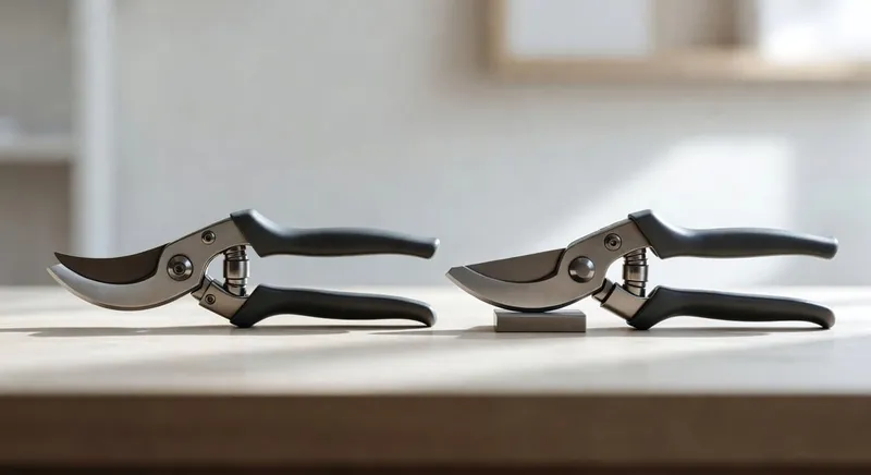 並排展示繞行式與直刃式修剪刀側視圖，標註刀刃結構差異