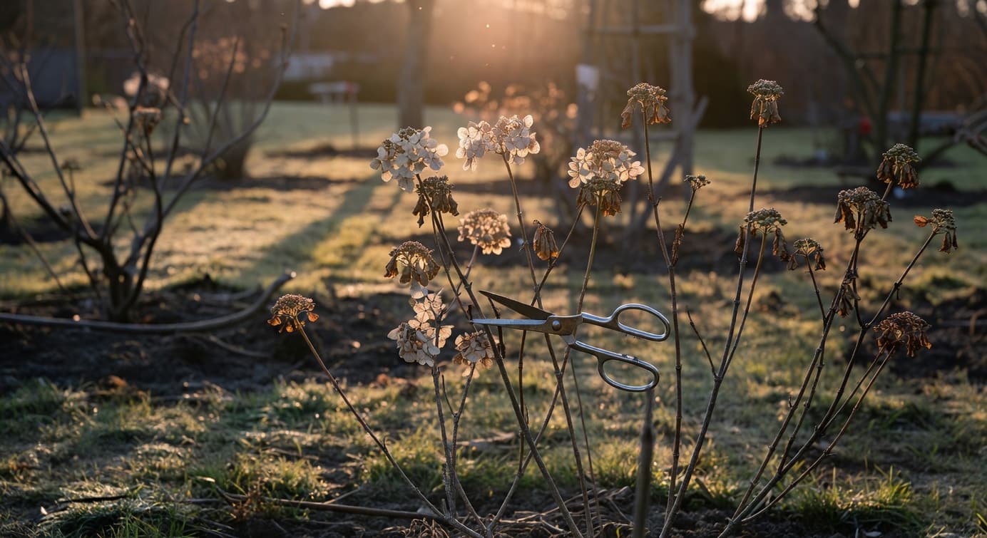 園藝工作者手持修剪剪靠近繡球花枝條，晚冬葉片未展開，乾淨花園修剪示範
