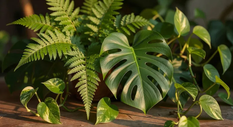 特寫多種葉子形狀：蕨類葉片、寬大魔鬼葉和蔓生綠蘿。