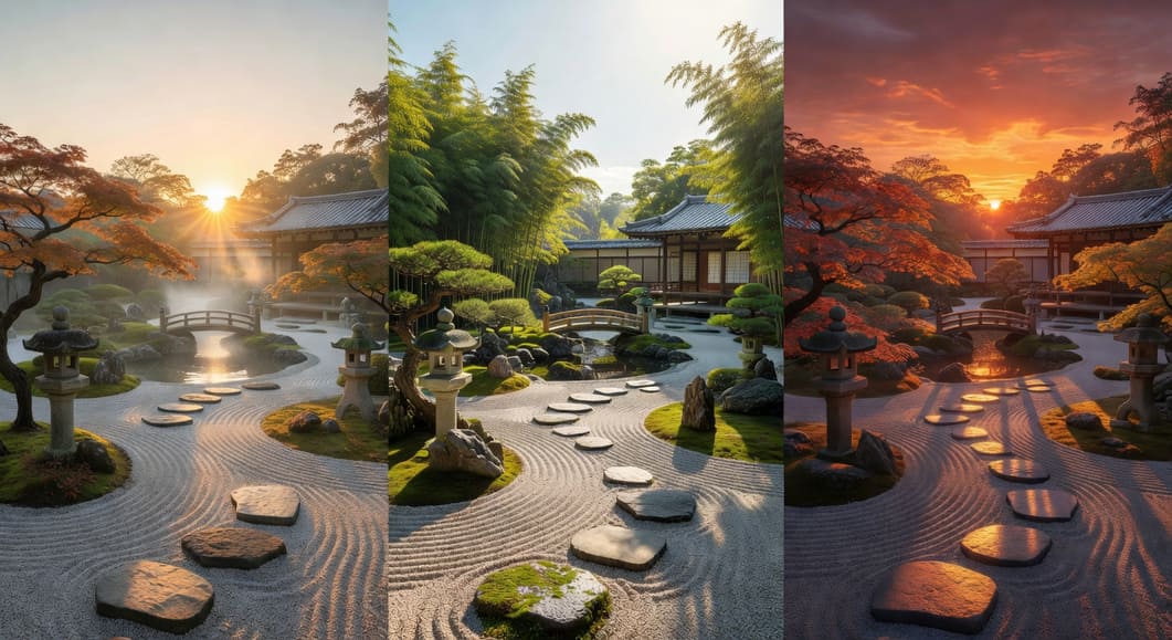 不同光線下日式庭園變化,對比晨光、午陽與傍晚光線的同一景觀