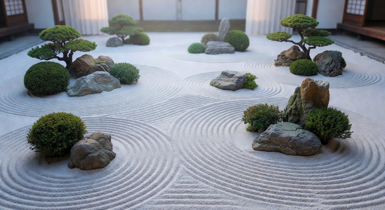 日式枯山水庭園俯視圖,展現白砂耙紋、石頭擺放與修剪植物的和諧布局