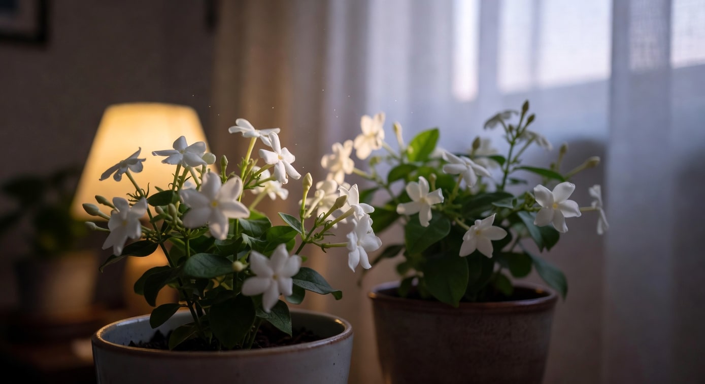 茉莉花盆栽夜間開花，暖黃燈光照亮白色花朵，香氣瀰漫室內空間