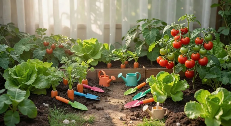 兒童在小菜園種植和收割的溫馨場景，展示適合小孩的規模與操作