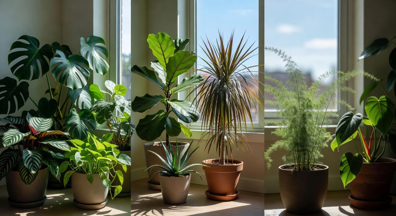 室內散射光、直射光和背光環境下觀葉植物的配置與搭配示意