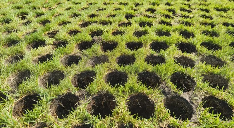 展示草坪通風打孔過程，通過疏鬆土壤助根系深層發展，改善土壤透氣性。