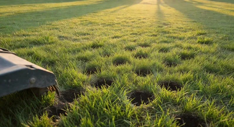 草坪通風打孔技術示意，疏鬆土壤讓根系深層擴張，增強草坪耐旱能力。