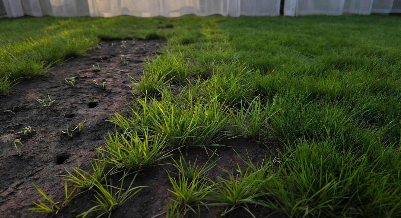 曝氣後草坪恢復時間序列：新草芽逐漸綠化覆蓋，3-4週內密度明顯提升
