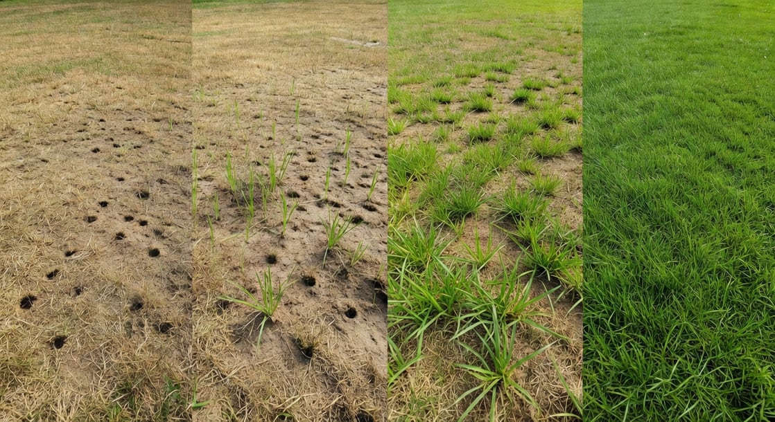 曝氣後草坪恢復時間序列：新草芽逐漸綠化覆蓋，3-4週內密度明顯提升