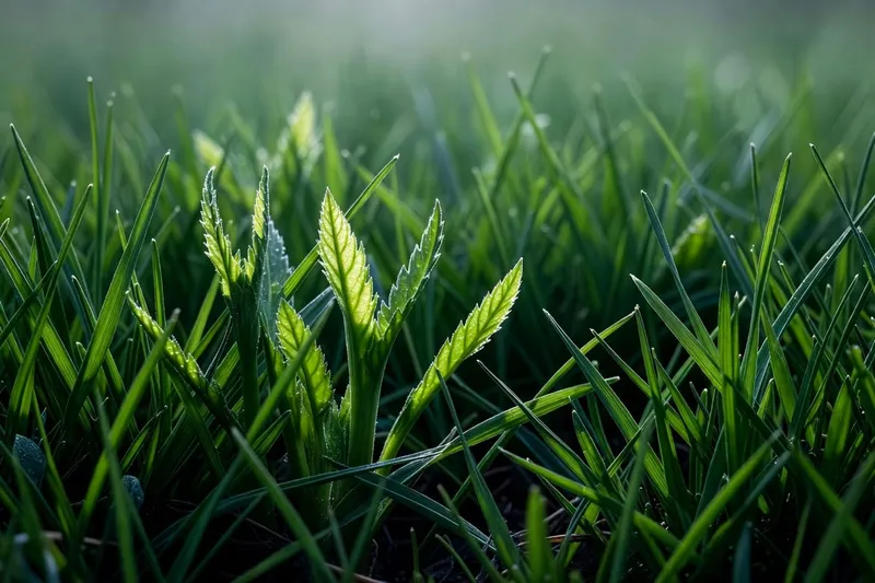 春季新發草坪翠綠新葉特寫，陽光透射葉面