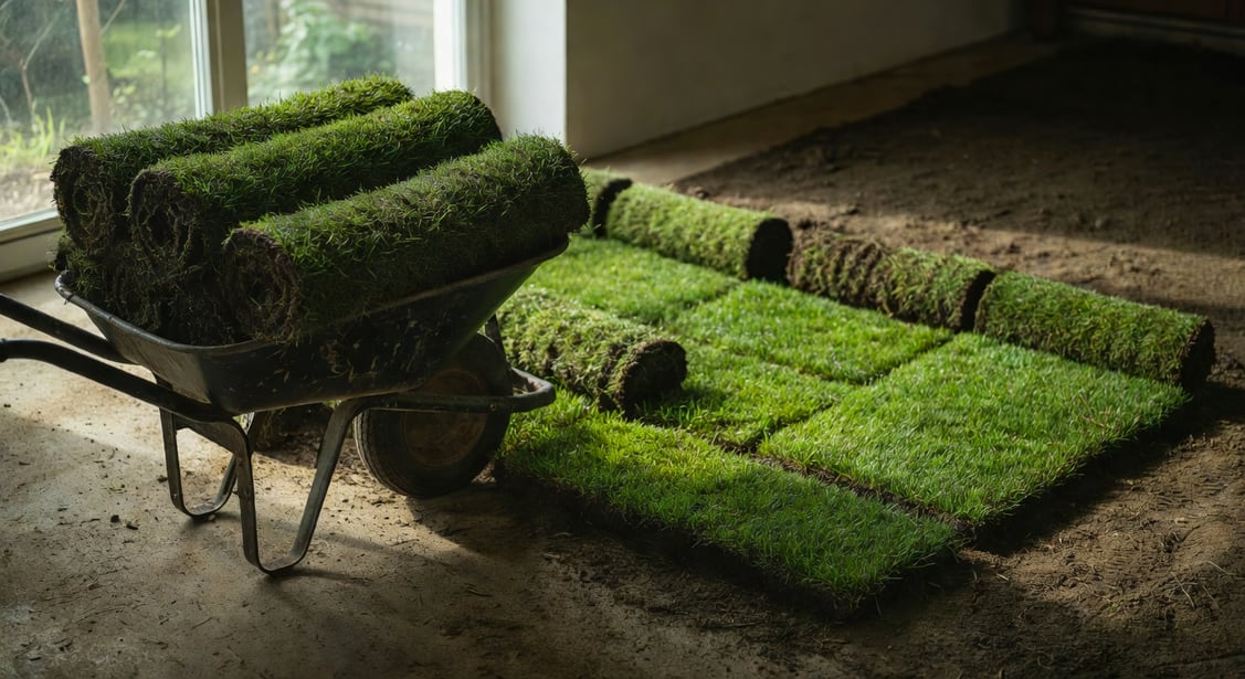 工人推車運送草皮捲，準備花園鋪設過程