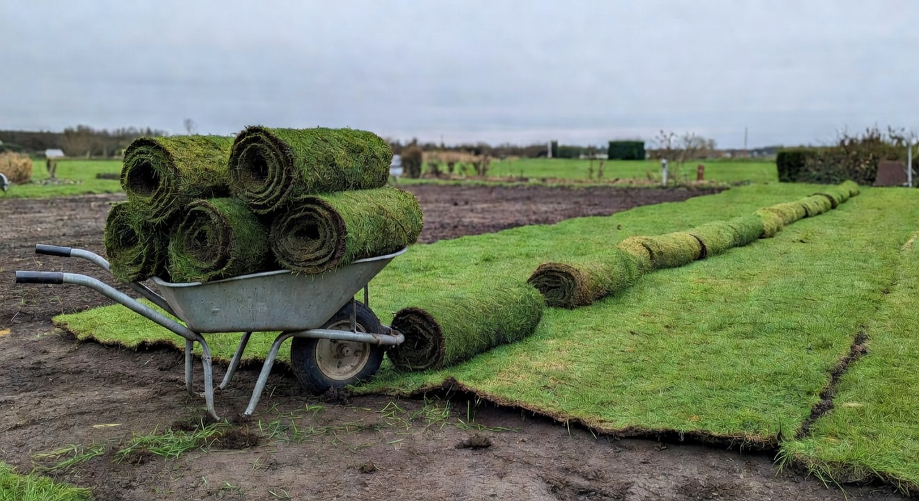 工人推車運送草皮捲，準備花園鋪設過程