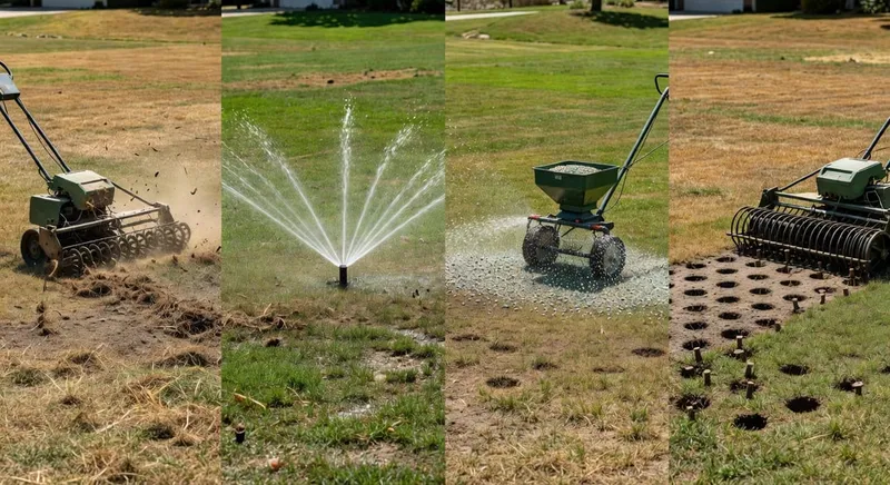 草坪養護四步驟示意圖：梳理枯草、澆水、施肥和打孔機工作