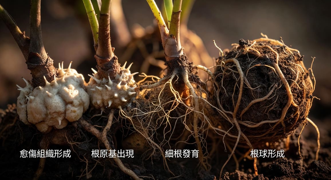 壓條根系成熟過程示意:愈傷組織形成、根原基出現、細根發育至根球形成