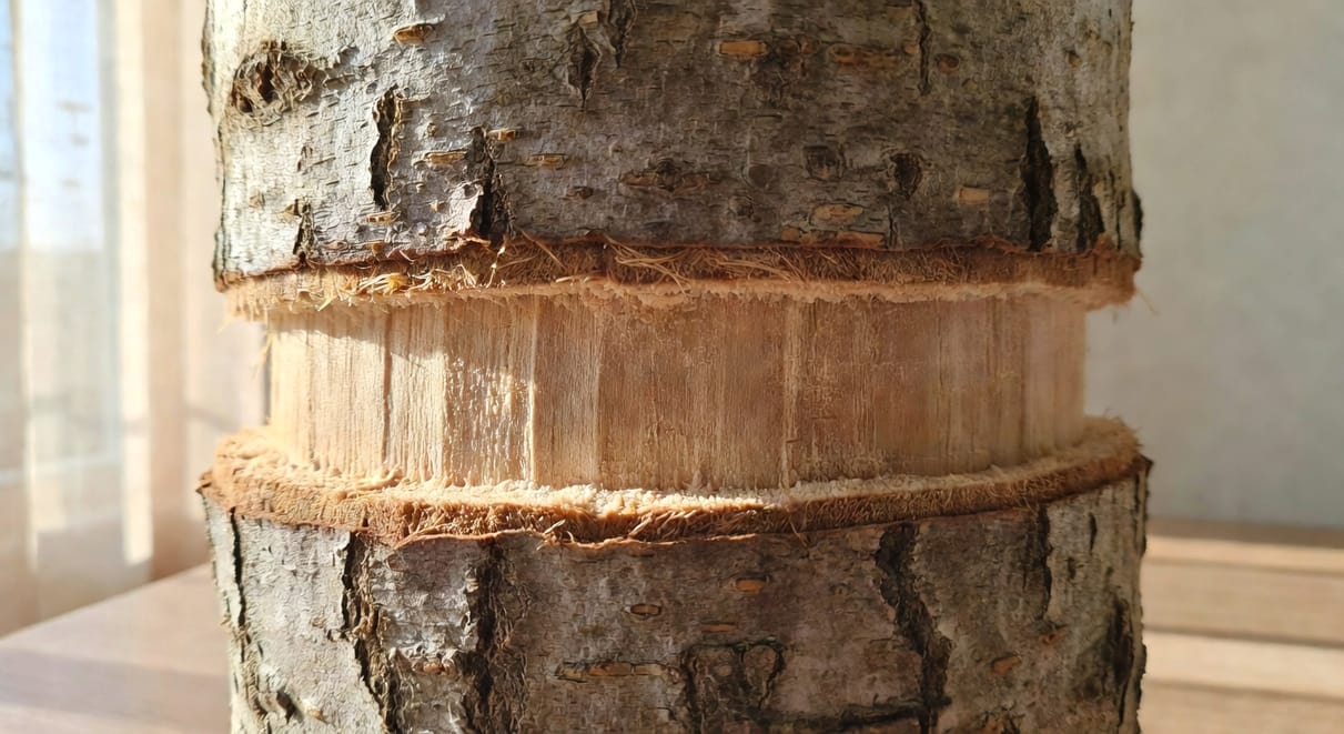 環剝位置和深度示意圖,展示皮層、韌皮部與木質部的相對位置