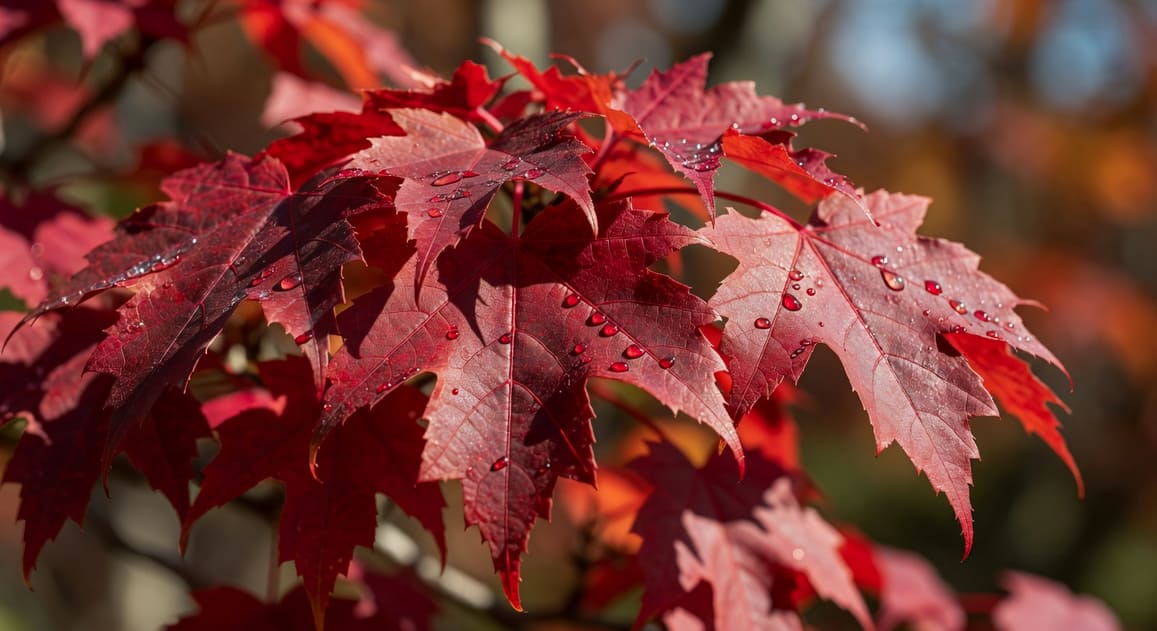 楓樹深紅秋葉特寫，露珠閃爍於葉脈，背景模糊呈現