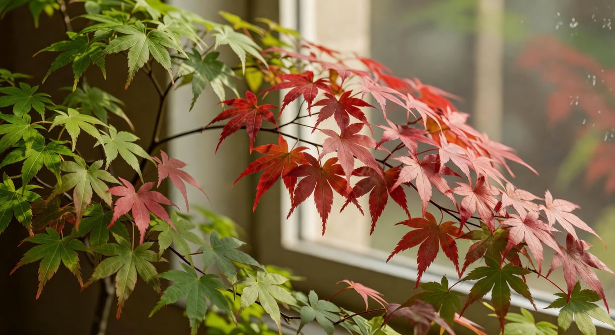 台灣日本楓在陽光下，部分葉片轉紅，部分綠色，色彩漸進變化