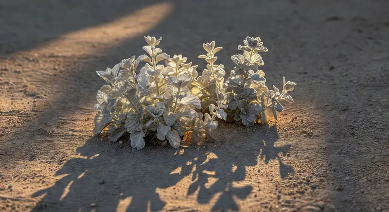 夕陽光芒中銀灰葉植物閃耀，乾燥礫石地面投下長陰影。