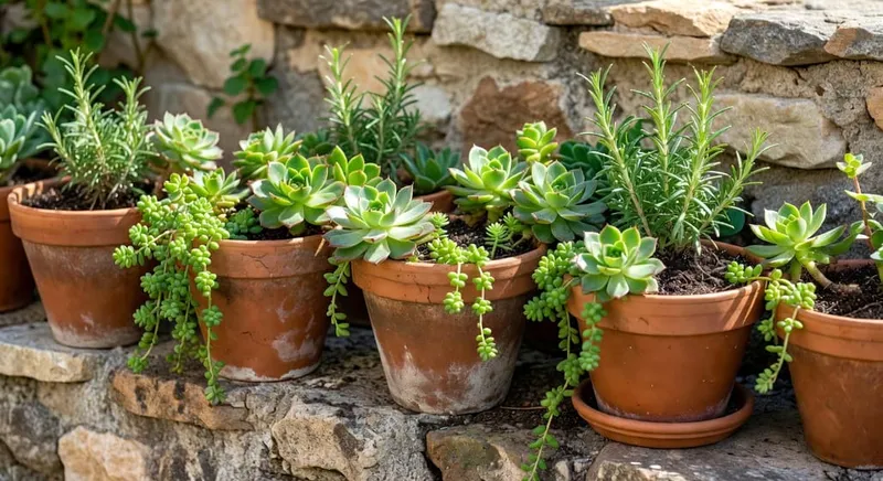 古老石牆上陶土花盆種植多肉和迷迭香。