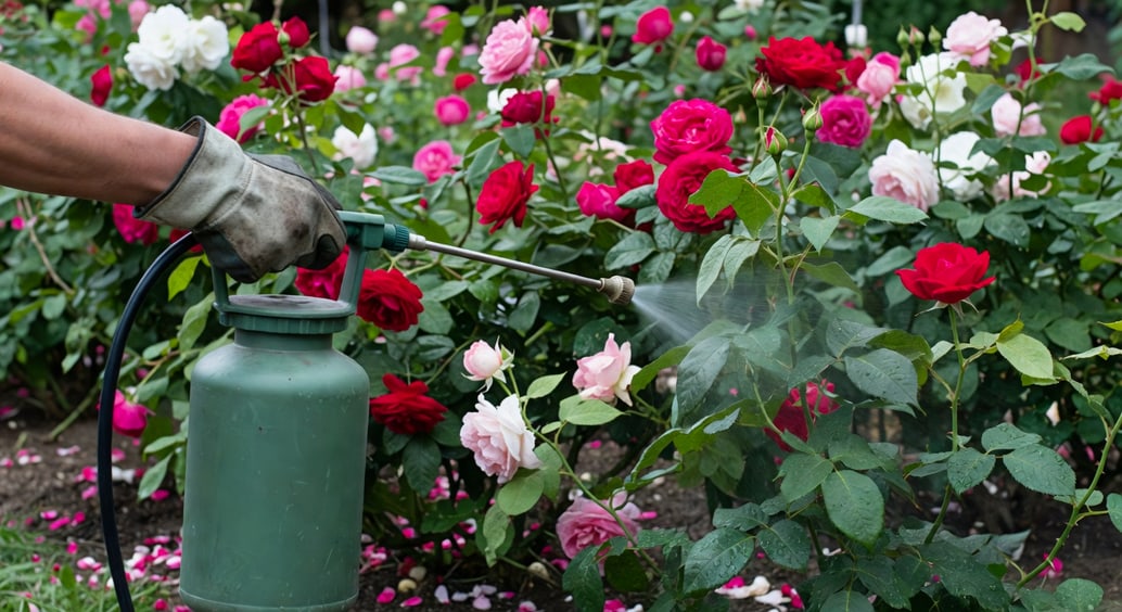 園丁手持噴霧器噴施殺菌劑於玫瑰葉片背面，背景庭院玫瑰花叢自然光