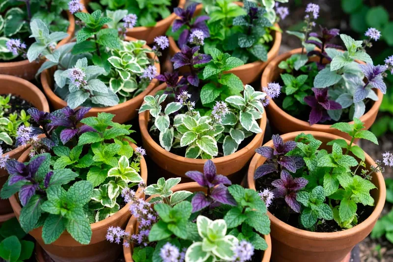 陽台薄荷家族冒險：多個陶盆中不同品種薄荷盛開，葉片色彩斑斕。