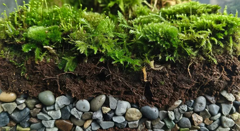 苔蘚微景觀分層結構示意圖，包括排水層、土壤層和植物層
