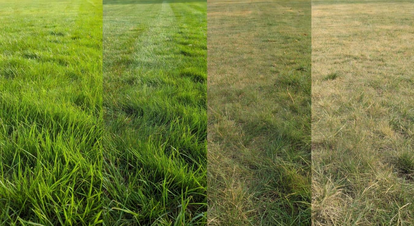 四幅圖片對比春夏秋冬草坪狀態與割草高度，標示具體公分數。