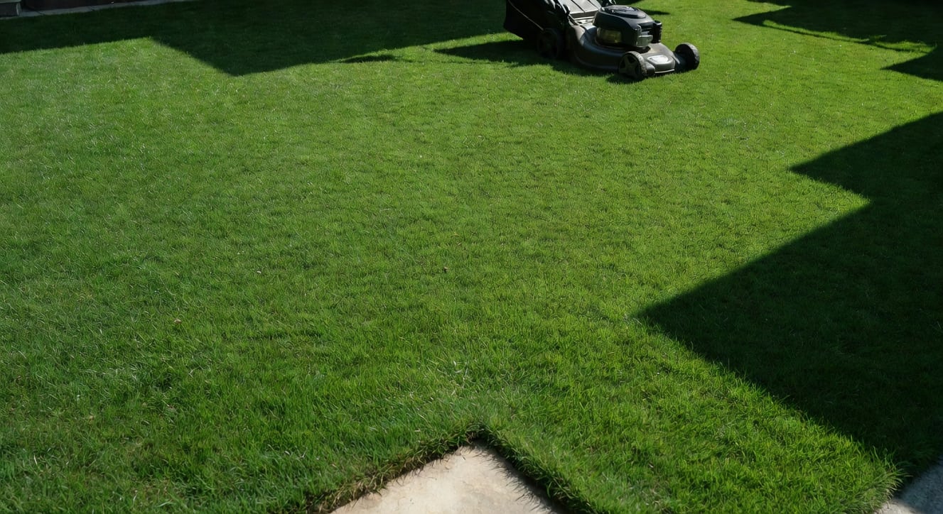 台灣家庭草坪：陽光灑落新鮮綠草，割草機停放邊緣。