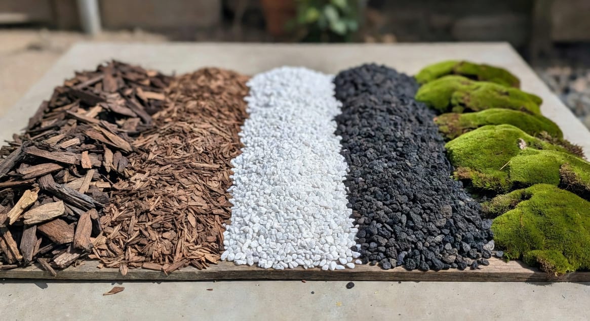 這張圖表比較不同護根材料的性能指標與成本差異，便於選用。