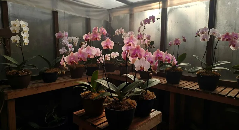 溫暖室內蝴蝶蘭種植環境設置，包括適當光照和濕度控制，以促進其優雅生長。