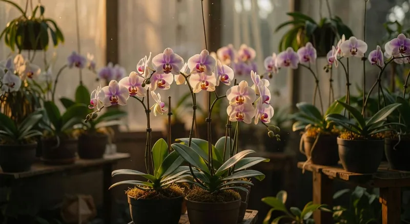 溫暖室內蝴蝶蘭種植環境設置，包括適當光照和濕度控制，以促進其優雅生長。