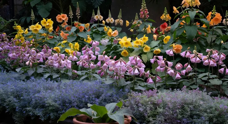 設計優良多年生花壇側視圖，呈現不同高度植物層次與色彩漸層特點（16字）