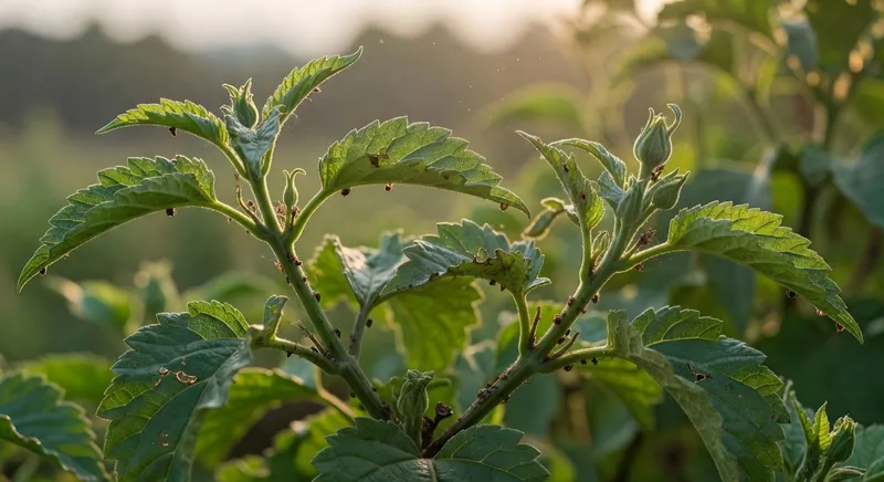 園藝檢查示意圖：顯示葉背、莖幹和新芽蟲害跡象