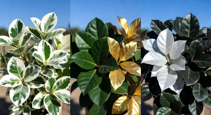 三種葉色搭配示意：白綠對比、深綠配金葉和銀葉與墨綠