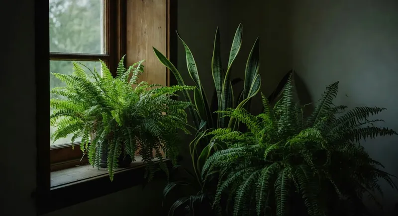 北向窗邊蕨類和虎尾蘭搭配，柔和光下綠色優雅
