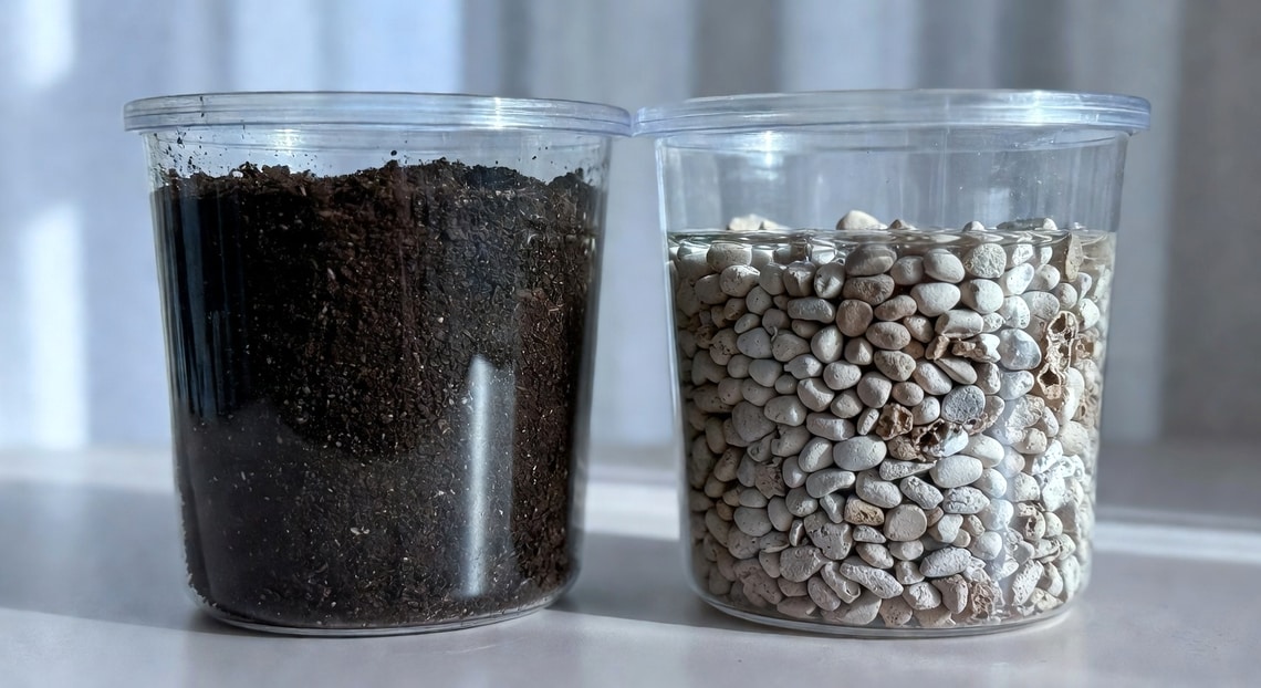 兩個透明容器比較：傳統盆土無孔隙，陶粒半水耕有大量孔隙並標水位線