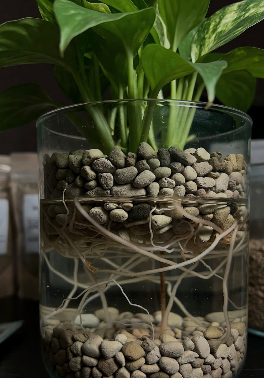 半水耕陶粒中觀葉植物根系自然延伸，水位線清晰，背景有菌根菌粉劑和蚯蚓糞包裝