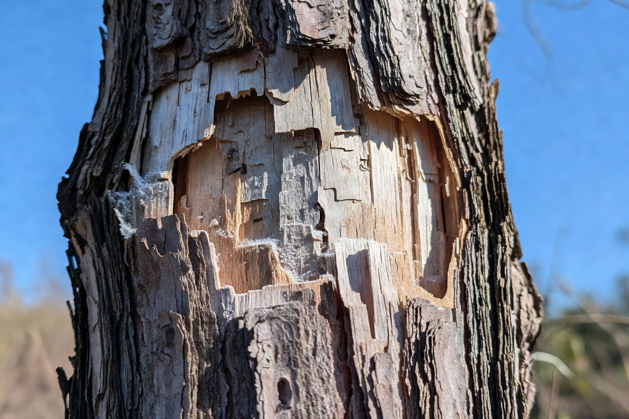 樹幹凍傷特寫：樹皮剝落露出木質部，開裂病態明顯