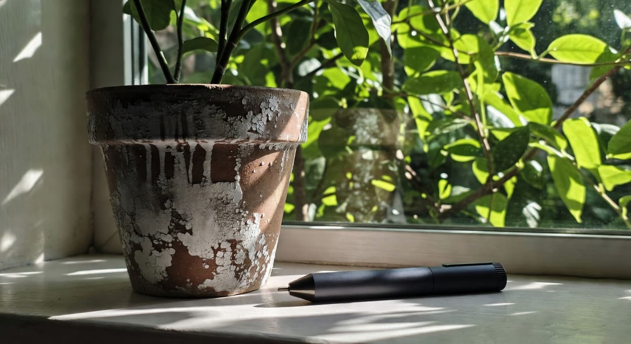 窗台盆栽外壁有白色石灰沉積，旁邊TDS水質筆，背景窗外綠植，自然光